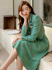 Aiertu Women Two piece Set Korean Chic French Temperament V-neck Pearl Button Puff Sleeve Short Jacket + High Waist Swing Skirt Suits Aiertu