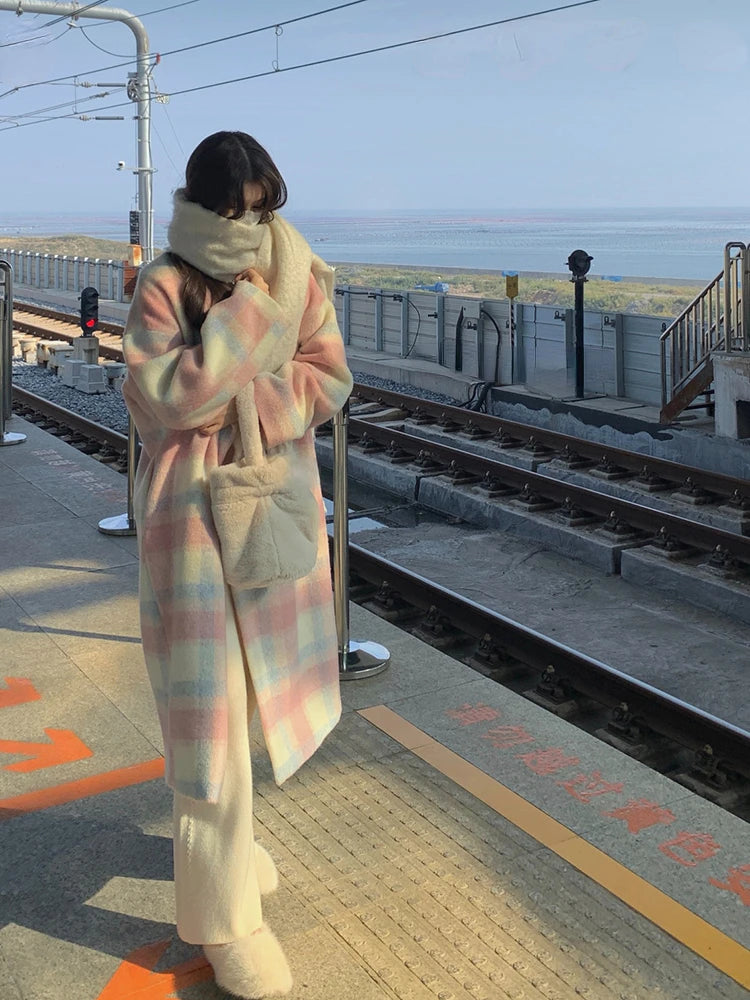 Aiertu Winter Rainbow Woollen Coats Women Casual Warm Loose Plaid Long Coats Female Korean Fashion Office Lady Trench Jackets Y2k Aiertu