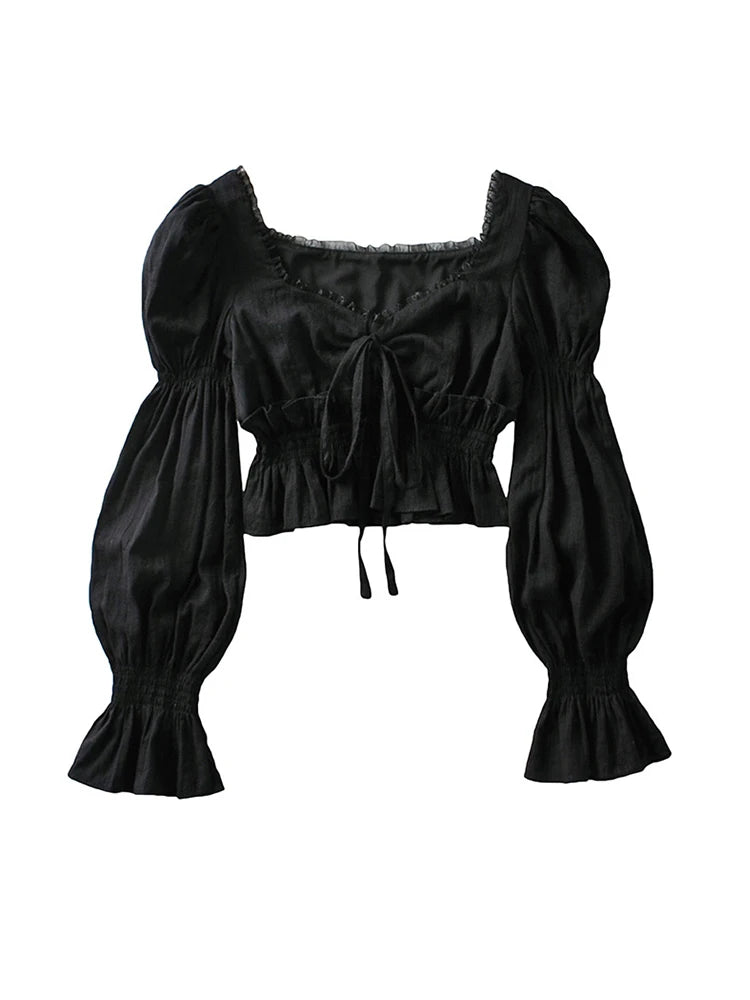 Aiertu French Pleated Lantern Long Sleeve Shirt For Women's 2022 Spring And Autumn New Vintage White Square Collar Blouse Tops Female Aiertu