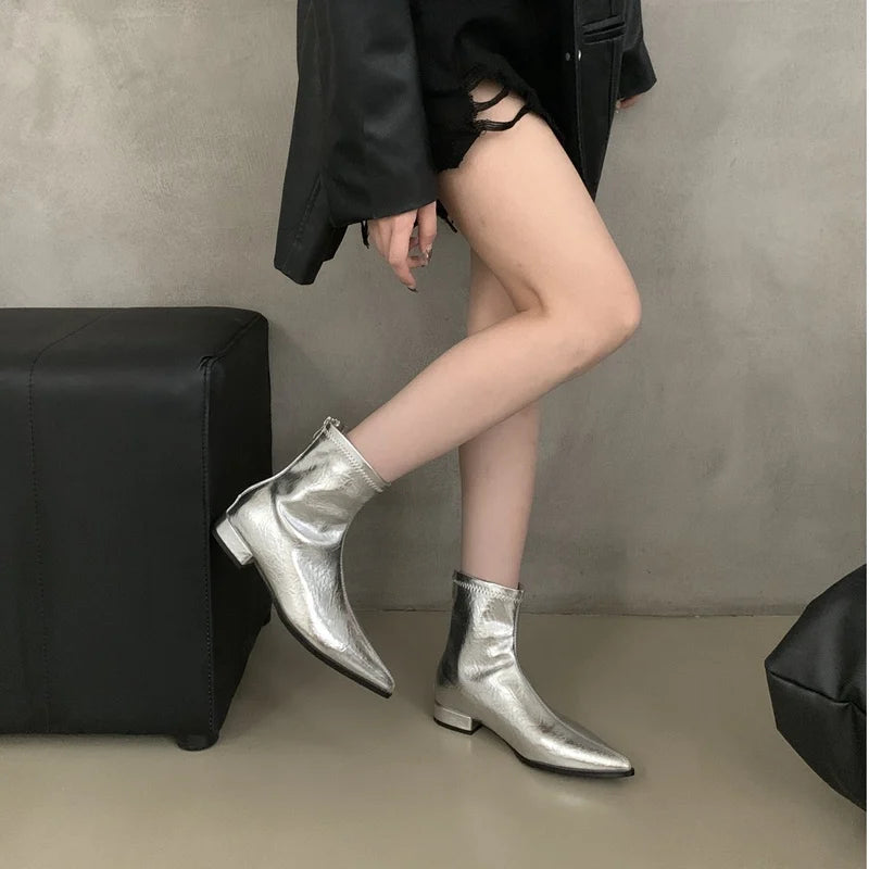 Ankle Boots Women Chunky Heels Pointed Toe Winter Shoes Women Flat Short Boot Brand Zipper Chelsea Booties Zapatillas Mujer Aiertu