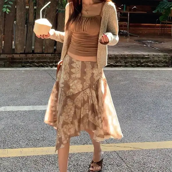 AIERTU  -  New Irregular Lace Splicing Hip Skirt Retro Versatile High Waist Hip Cover Mid-length Skirt Aiertu