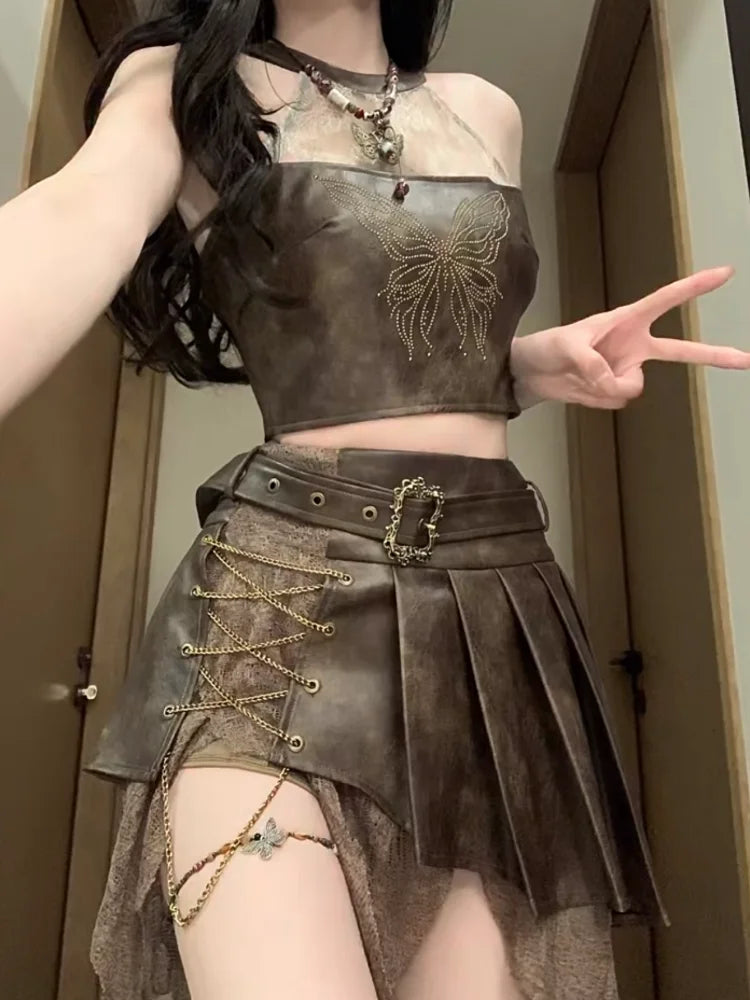Aiertu Retro Fashion Spicy Girl Style Leather Halter TopTank Top Irregular Slimming Short Skirt Set Summer Two Piece Set Women Outfits Aiertu