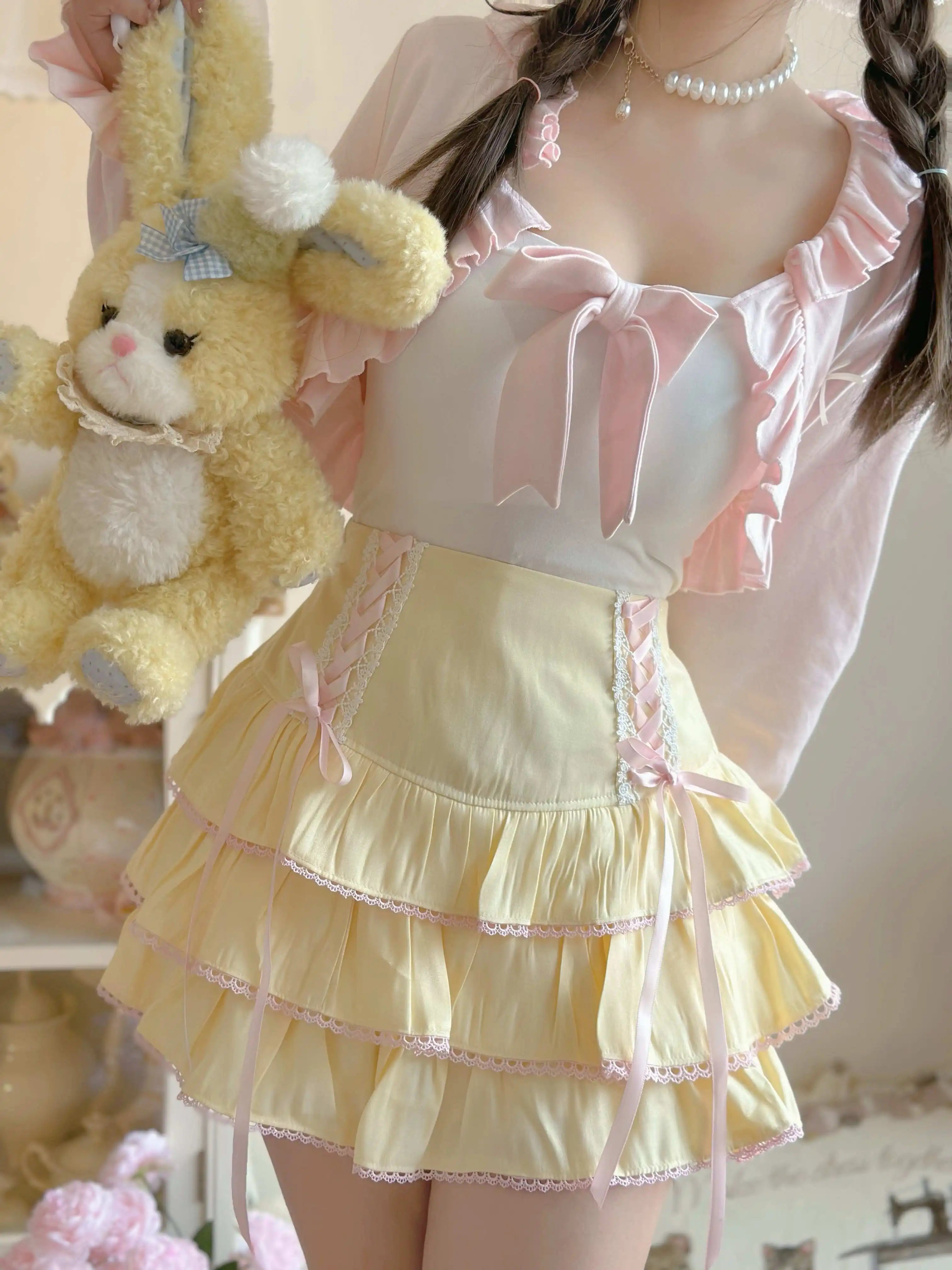 Lolita Tiered Mini Skirt Women Skorts Kawaii Layered Ruffle High Waist Lace Up A Line Cute Skirts for Teen Girls Aiertu