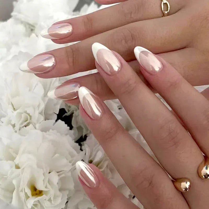 Aiertu 24Pcs Simple Green French False Nails Short Almond Fake Nails with Wave Line Design Wearable Round Head Press on Nail Tips Aiertu