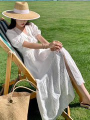 Aiertu Vintage Summer White Hollow Out Embroidery Long Dress For Women V Neck Short Sleeve High Waist Slim Evening Party Dresses French Aiertu
