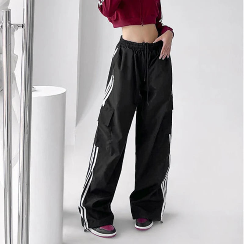 Aiertu Striped Sweatpants Women Hip Hop Streetwear Baggy Wide Leg Cargo Pants Bf Y2K High Waist Drawstring Joggers Trousers Aiertu