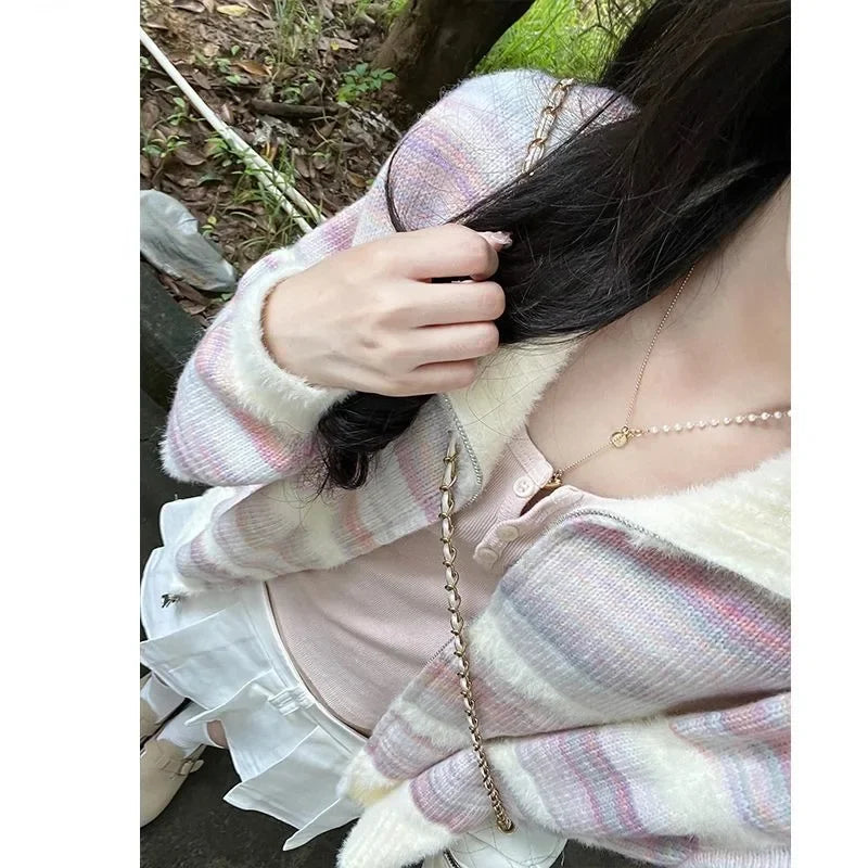 Autumn Chic Fashion Rainbow Striped Turn Down Collar Women Sweater Contrast Color Sweet Knitted Cardigan Tops Mujer Aiertu