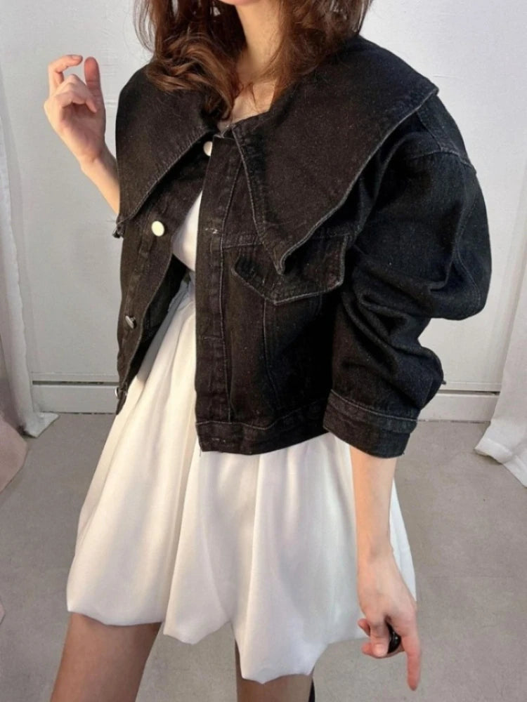 AIERTU  -  Autumn Korean Denim Jacket Women Big Peter Pan Collar Single Breasted Loose Short Jean Coat Sweet Casual Solid Outerwear Aiertu