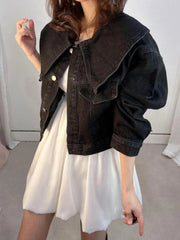 AIERTU  -  Autumn Korean Denim Jacket Women Big Peter Pan Collar Single Breasted Loose Short Jean Coat Sweet Casual Solid Outerwear Aiertu