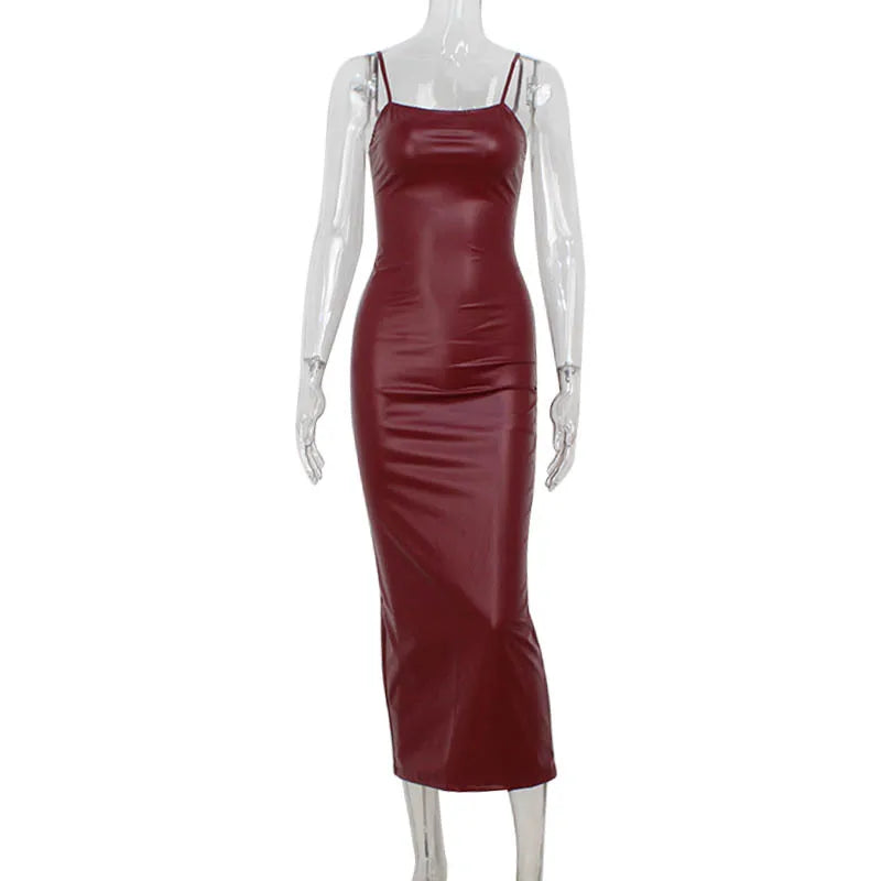 AIERTU  -  Burgundy PU Leather Spaghetti Strap Dress Tight Fitting Slit Temperament Evening Gown Aiertu