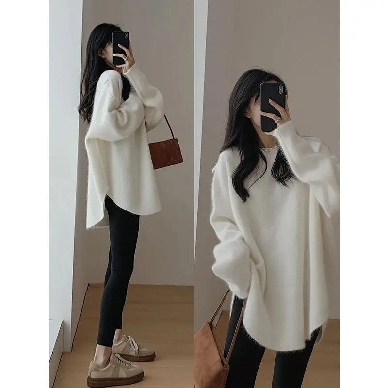 Spring Women New Korean Sweater Loose Knitting Warm Round Neck Falling Shoulder Sleeves Long Sleeved Solid Color All-match Tops Aiertu