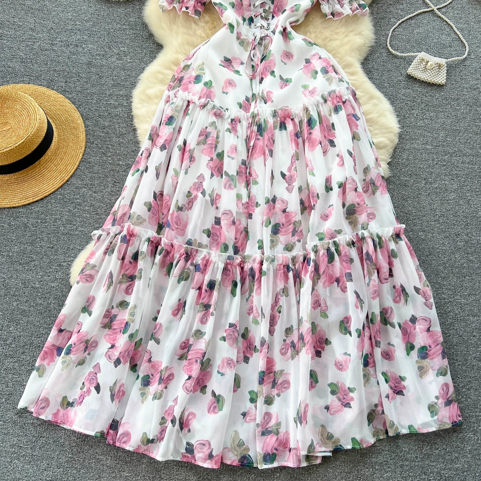 Aiertu  Beach Vacation Floral Print Dress Women Backless Lace Up Cross Bandage Ruched Korean Hotsweet Fashion Party Long Dress Aiertu