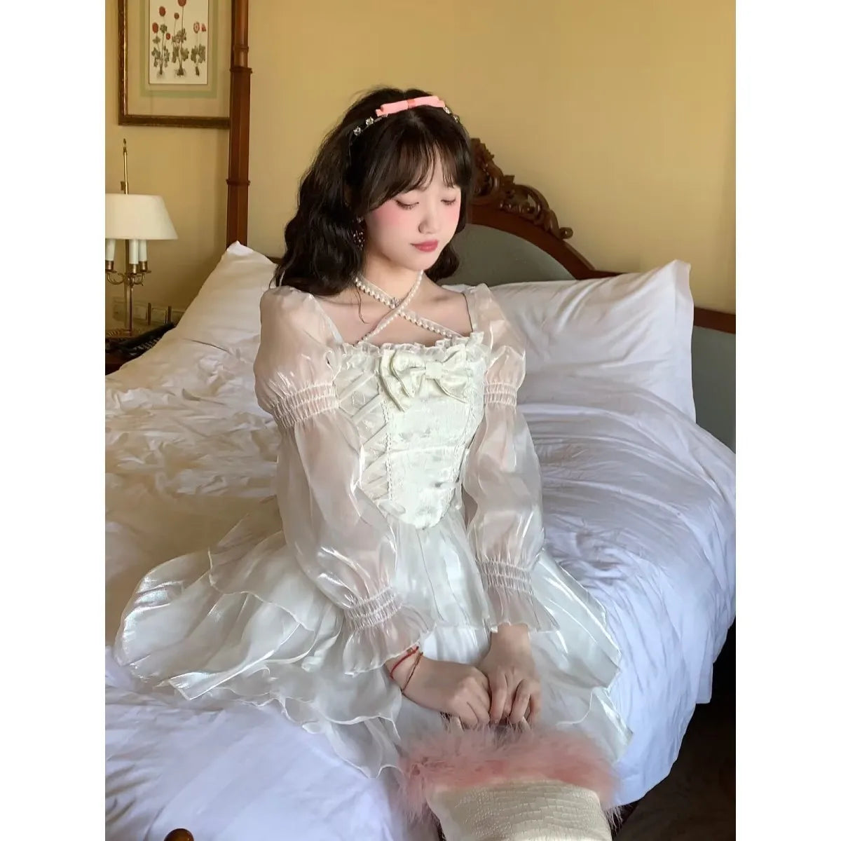 Aiertu Japanese Sweet Fairy Lolita Dress Women White Mesh Elegant Princess Dress Female Bow Casual Evening Party Dress Summer Slim Aiertu