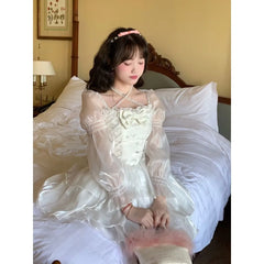 Aiertu Japanese Sweet Fairy Lolita Dress Women White Mesh Elegant Princess Dress Female Bow Casual Evening Party Dress Summer Slim Aiertu