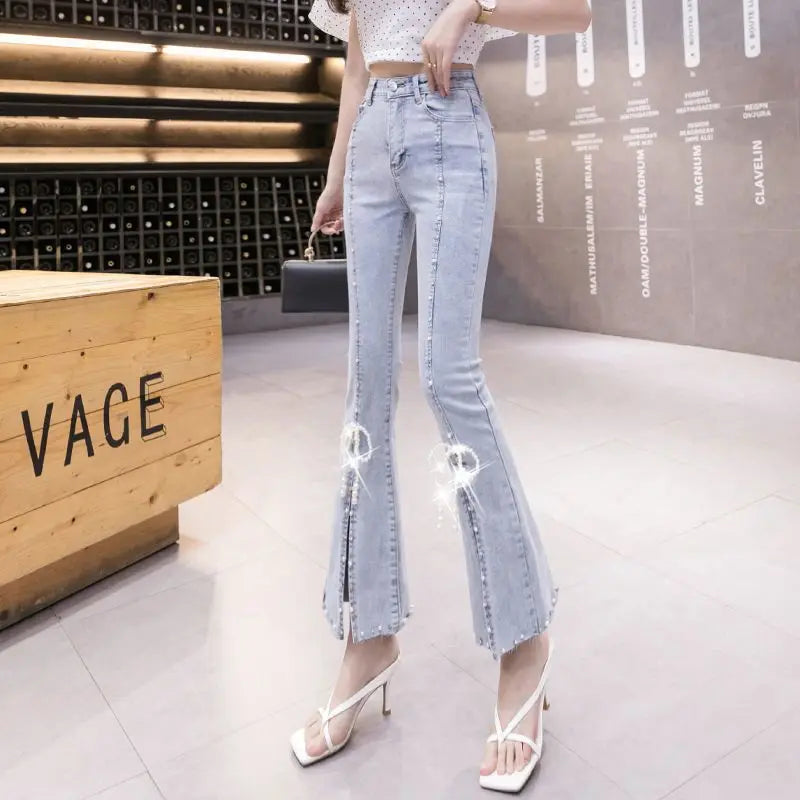 Aiertu Spring New Bow Slim Fit Flare Split Jeans Women Casual Wash Fashion High Waist Snowflake Beading Light Blue Denim Cropped Pants Aiertu