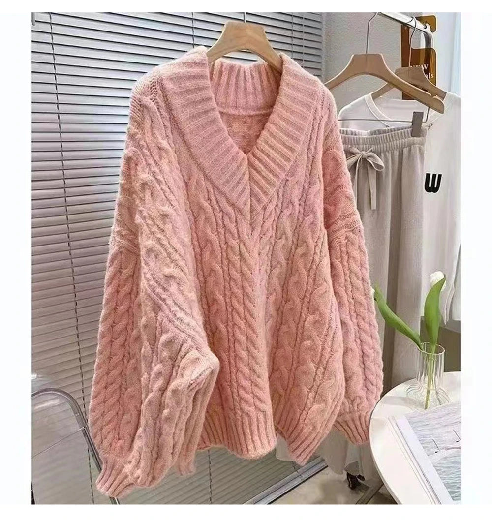V-Neck Thickened Fried Dough Twists Sweater Autumn and Winter Loose Outwear Lazy and Gentle Design Small Warm Knit Top Aiertu