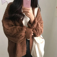 Oversized Knit Sweater Brown  Autumn Winter New Women Korean Fashion Sweet Long Sleeve Twisted Knitted Coat Sweater Cardigan Aiertu