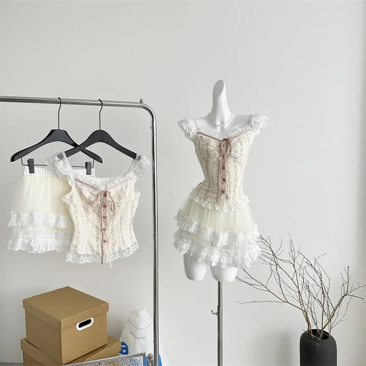 Elegant Retro 2 Piece Skirt Set Women Even Party Clothing Casual Y2k Crop Top Blouse + Slim Skirts 2000s Vintage Japanese Kawaii Aiertu
