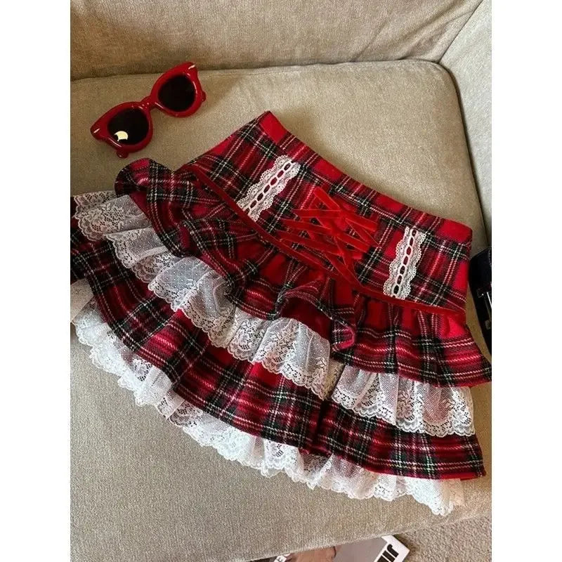 Aiertu Kawaii Ruffle Lace Plaid Skirts Women Sweet Elegant Mini Skirt Cutecore Autumn Winter Patchwork A-line Short Skirts Aiertu
