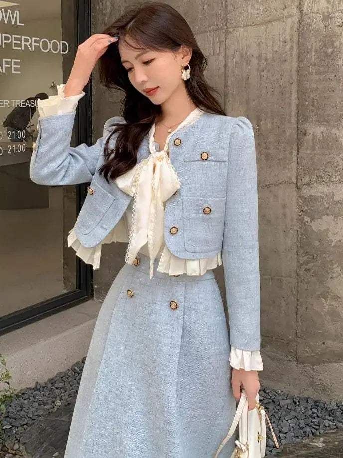 Aiertu Suit Short Long-Sleeved Jacket + Skirt Little Fragrance Blue 2024 Fall Two Piece Sets For Women Royal Sister Sense Of Luxury Aiertu