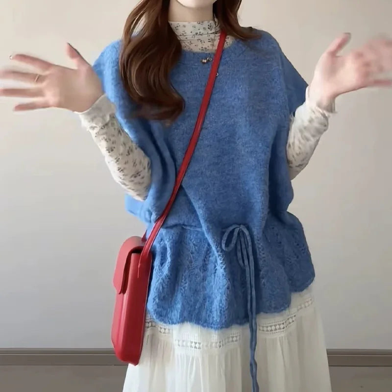 AIERTU  - Spring French Blue Short Sleeve Pullovers Batwing Sweaters New Design Drawstring Lace Up Women'S Wave Cut Knitted Tops Y2K Aiertu