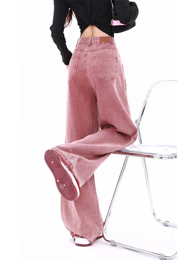 Aiertu Women's Vintage Red Wide Leg Star Jeans 90s Fashion Aesthetic Denim Trousers Harajuku 2000s High Waist Baggy Jeans Pants Clothes Aiertu
