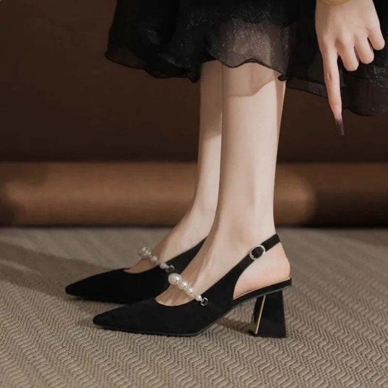 AIERTU  -  Elegant Pearl Embellished Pointed Toe High Heels Sandals Women's Fashionable Fairy Tale Style Back Strap Slip-On Party Shoes Aiertu