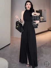 Aiertu Black Sexy Club Pleated Halter Split Dress Women 2024 Fashion Sleeveless Summer Lace Up High Waist Birthday Evening Party Dress Aiertu