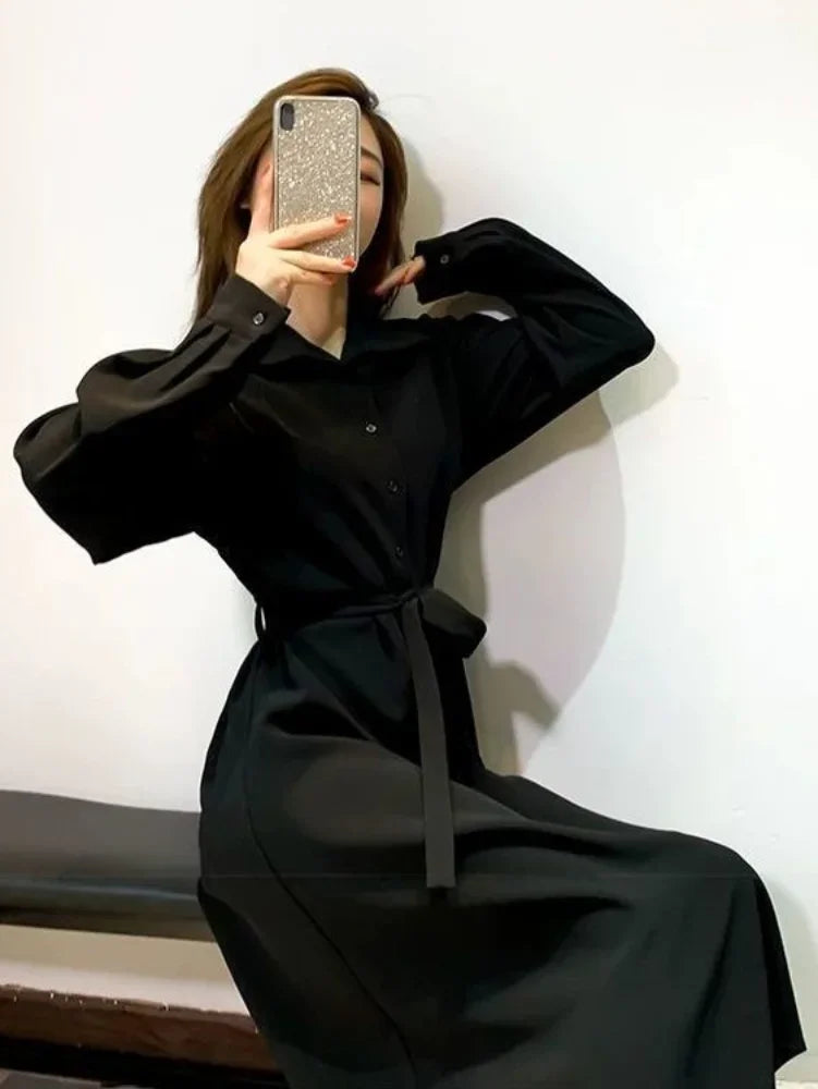 Aiertu Polo Black Shirt Dress Women Vintage Casual Long Sleeve Party Dresses Elegant Kpop Fashion Harajuku Robe Female Aiertu