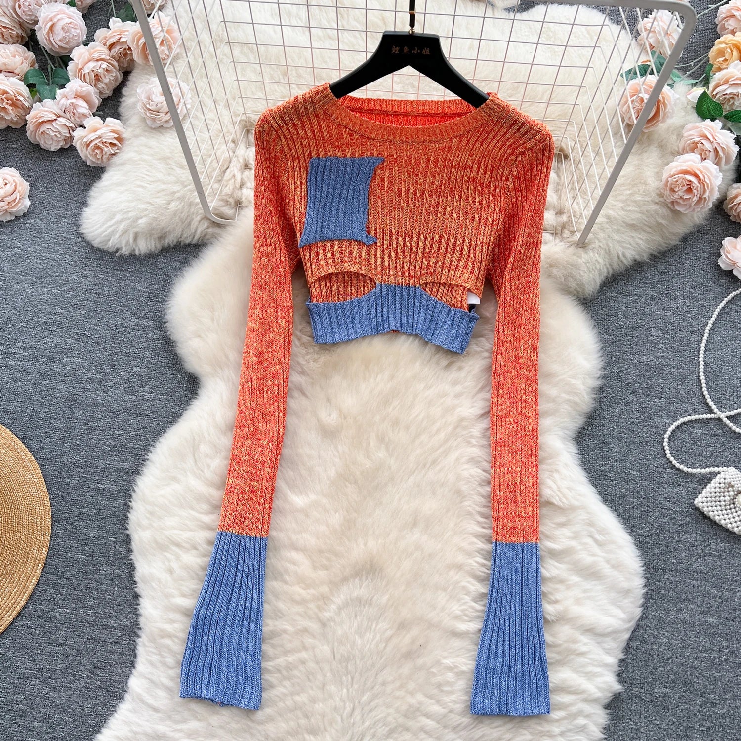 Aiertu Autumn Patchwork Knitted Two Pieces Sets Long Sleeves Hollow Out Slim Pullover+Mini Skirt Fashion Y2K Sweater Suits Aiertu