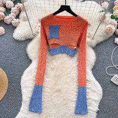 Aiertu Autumn Patchwork Knitted Two Pieces Sets Long Sleeves Hollow Out Slim Pullover+Mini Skirt Fashion Y2K Sweater Suits Aiertu
