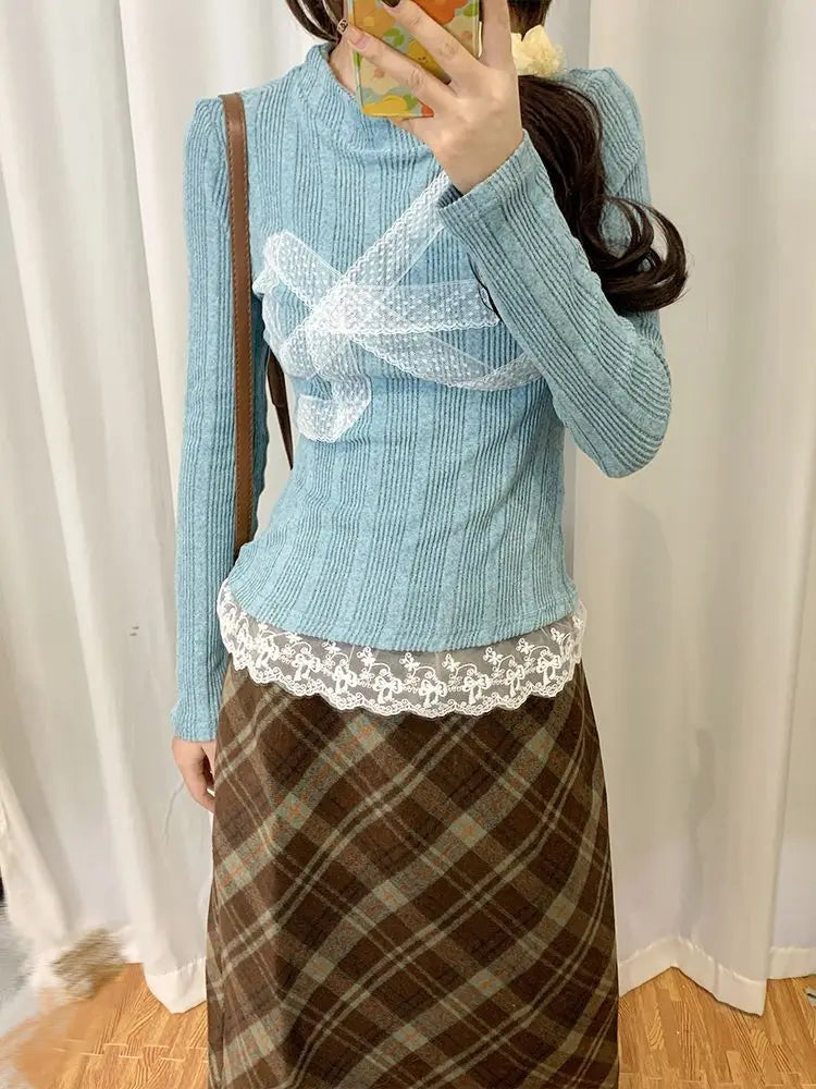 Aiertu Korean Style Y2k Knitted Pullover Women Bow Lace Long Sleeve Sweaters Harajuku Vintage Patchwork Knitwear Pullovers Aiertu