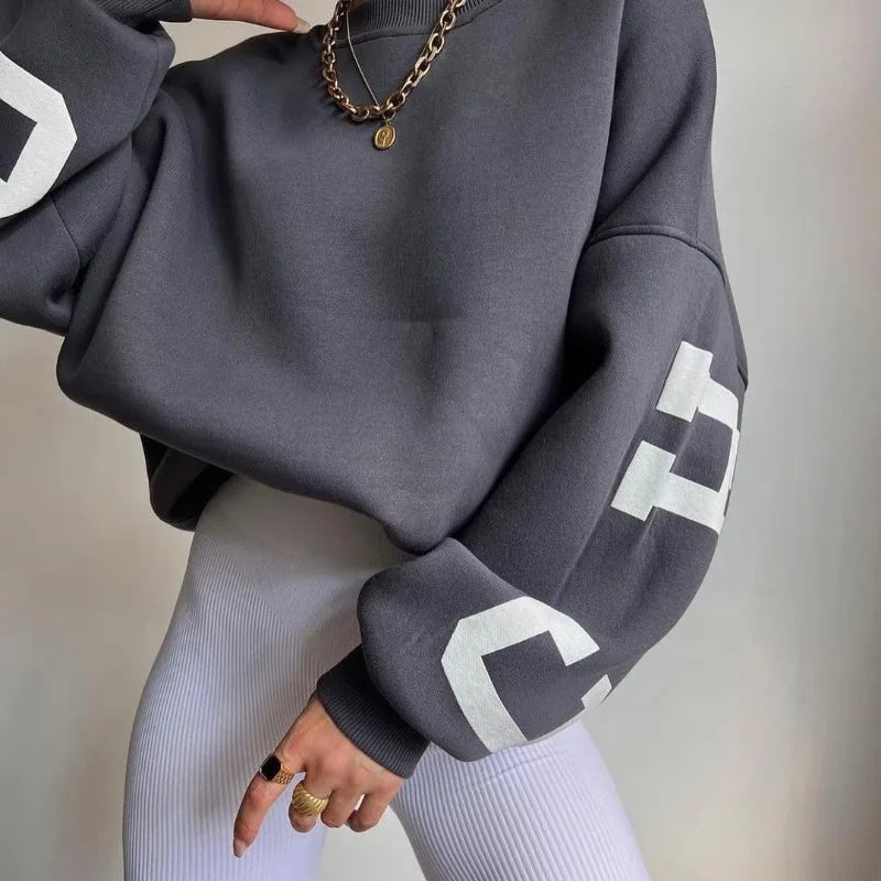 Aiertu Autumn and Winter Women's Pullover Round Neck Loose Letter Print Screw Thread Long Sleeve Underlay Fashion Casual Commuter Tops Aiertu
