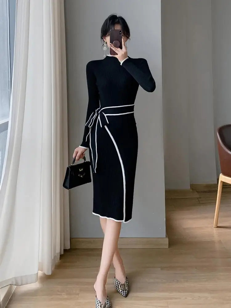 Aiertu Korean Fashion Slim Half High Neck Black White Patchwork Sweater Dress Women Elegant Slim Long Sleeve Bandage Knitted Midi Dress Aiertu