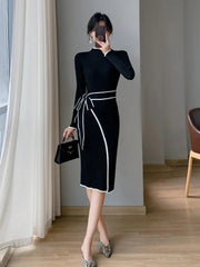 Aiertu Korean Fashion Slim Half High Neck Black White Patchwork Sweater Dress Women Elegant Slim Long Sleeve Bandage Knitted Midi Dress Aiertu