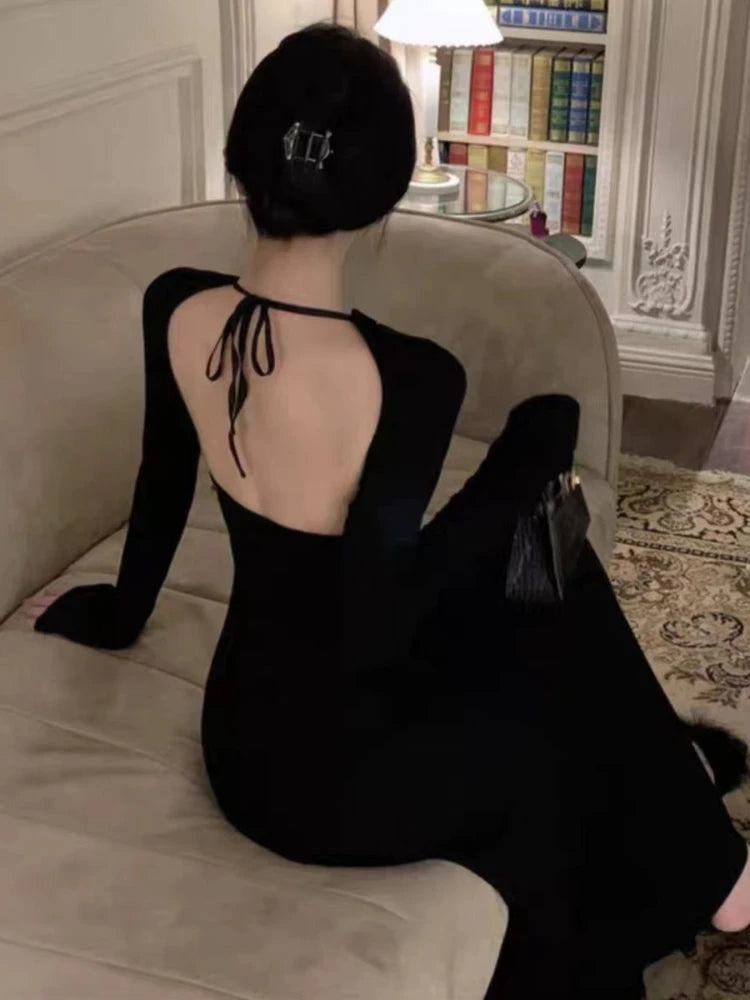 Aiertu Vintage Elegant Halter Bcakless Black Long Dress Women Retro Wrap Party Long Sleeve Maxi Dresses 2024 Spring Aiertu