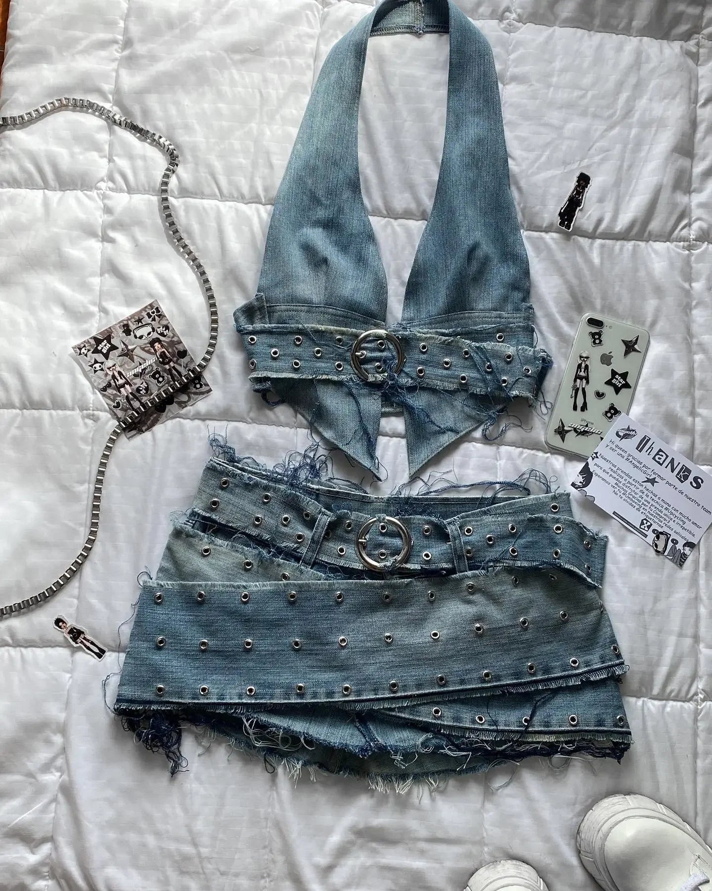 Y2K Light Blue Two Piece Sets Womens Outfits Gothic Vintage Denim Skirt Tops Sets Harajuku Sexy Slim Halter Tops Mini Hip Skirt Aiertu