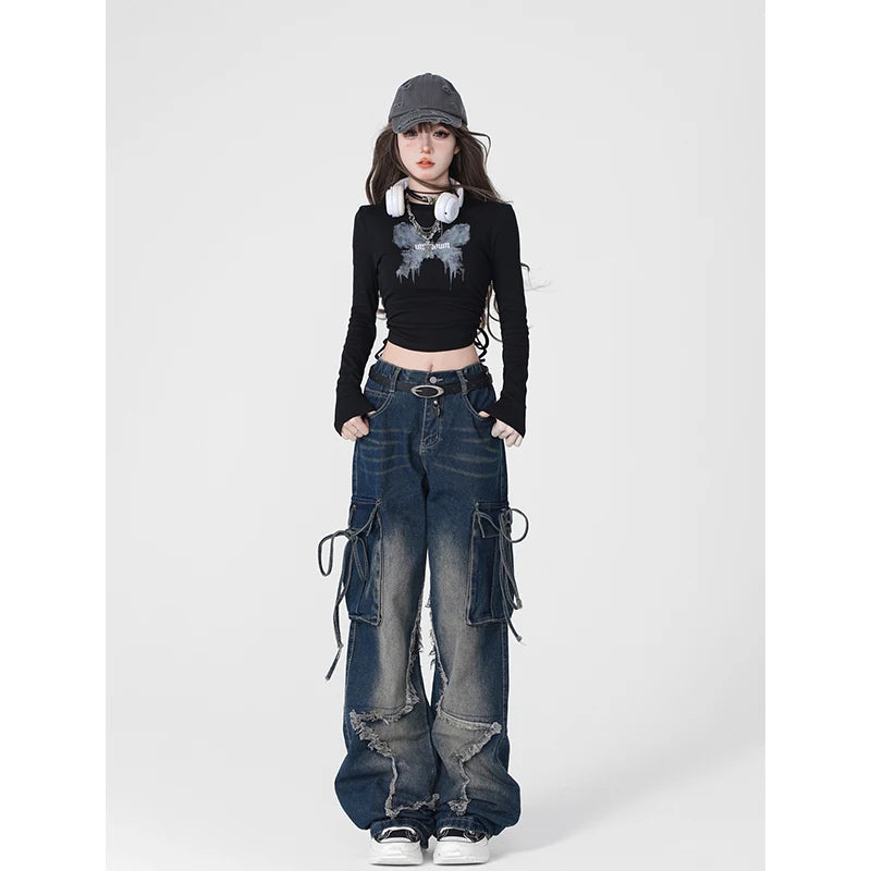 Aiertu American Retro Stars Tassels High Waist Straight Jeans Pants Women's Casual Baggy Y2K Wide Leg Grunge Streetwear Denim Trouser Aiertu