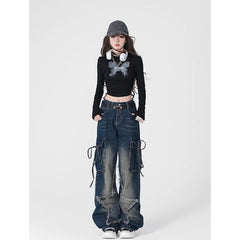 Aiertu American Retro Stars Tassels High Waist Straight Jeans Pants Women's Casual Baggy Y2K Wide Leg Grunge Streetwear Denim Trouser Aiertu