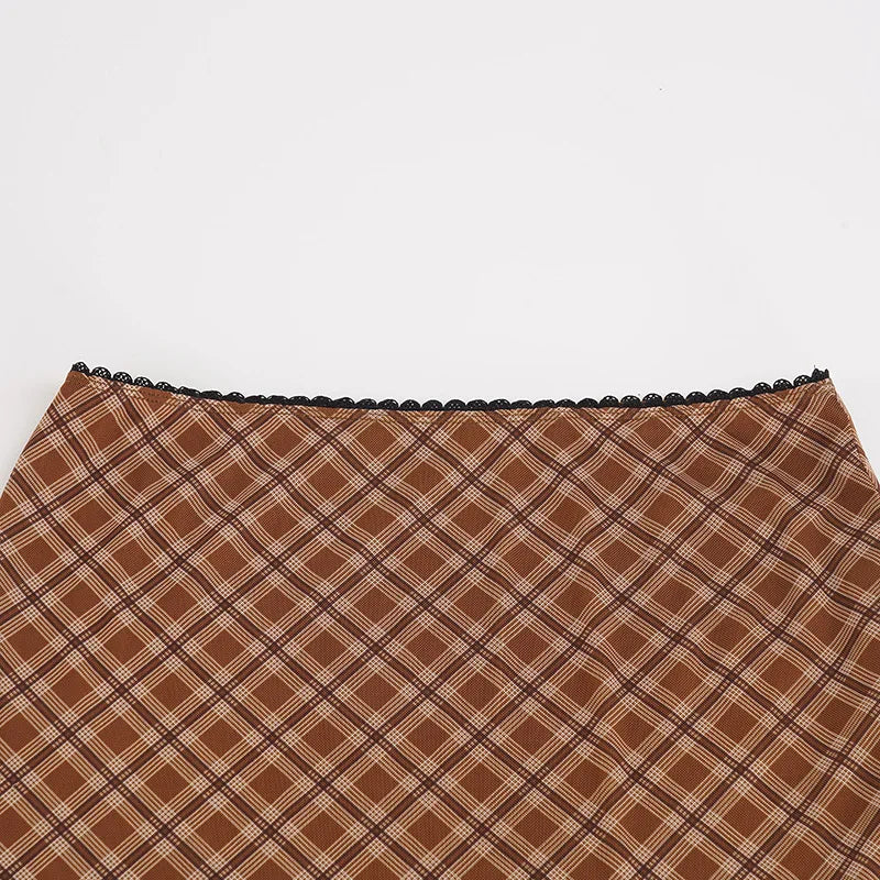 AIERTU  -  Plaid Midi Skirt High Waist Mesh A Line Skirt Brown Checkered Lace Trim Wavy Hem Vintage Streetwear Ladies Skirt Aiertu
