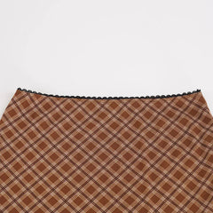 AIERTU  -  Plaid Midi Skirt High Waist Mesh A Line Skirt Brown Checkered Lace Trim Wavy Hem Vintage Streetwear Ladies Skirt Aiertu