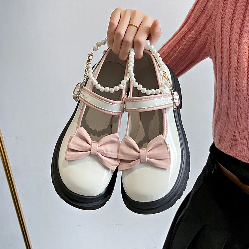 Aiertu Summer Female Shoes Fashion Mary Jane Shoes Round Head Band Heel Shoes Women Bow Pearl Square Heel Low-top Pumps Aiertu