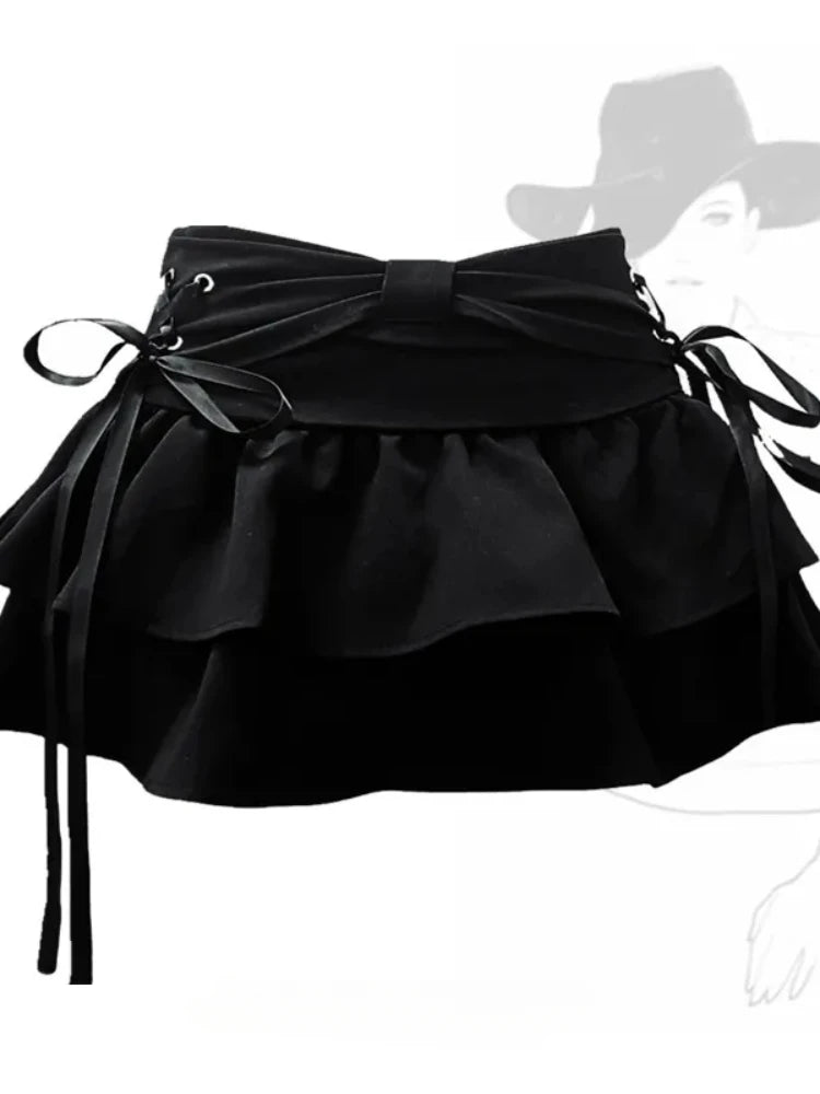 Aiertu Coquette Kawaii Cute Black Bandage Mini Skirt Y2k Sweet Girl Preppy Style Ruffles Pleated Korean Fashion Kpop 2024 Fashion Aiertu