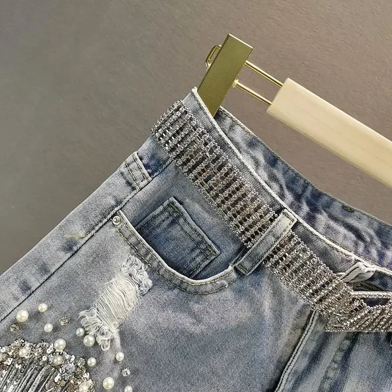 Aiertu Women Denim Shorts Summer High Waist Slim Heavy Beaded Sequin Fringed Ripped Wide Leg Jeans Shorts Aiertu