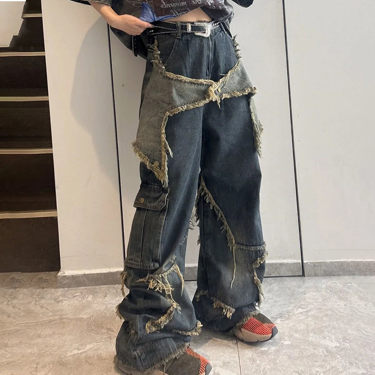 Aiertu Y2k Cargo Jeans Pants Women Rave Pants Street Oversize Loose Wide-leg Pockets Female Pant Vintage Hip Hop Denim Trousers Aiertu