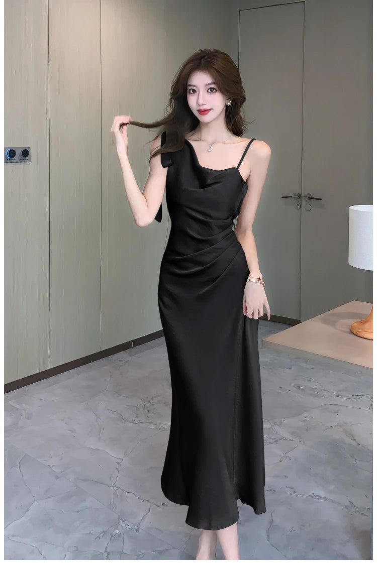 Aiertu Spaghetti Strap Women Fashion Satin Midi Dress Sleeveless Casual Solid Chic Bodycon Slim Party Dresses Female Vestidos New Aiertu