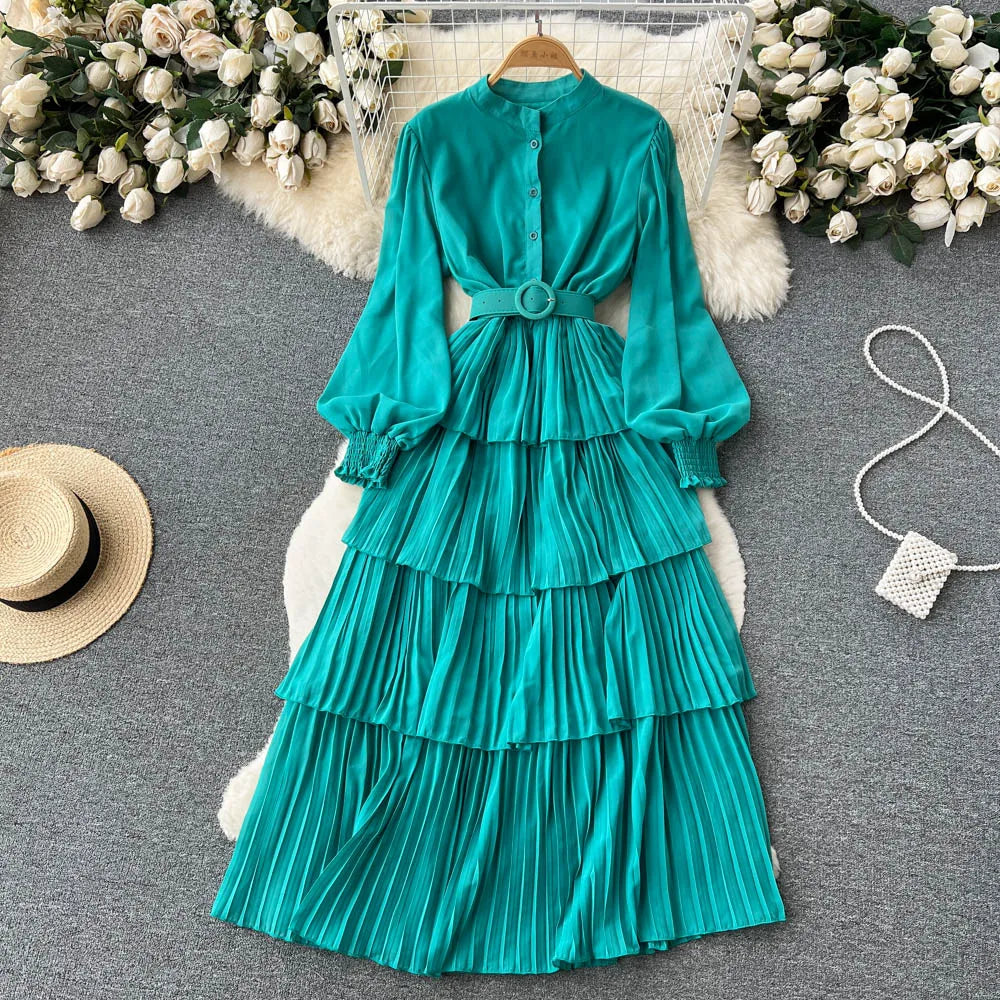Aiertu Spring French Style Chiffon Long Dress 2023 Long Sleeve Single Breasted Fashion Belt Women A-Line Elegant Party Dress Aiertu