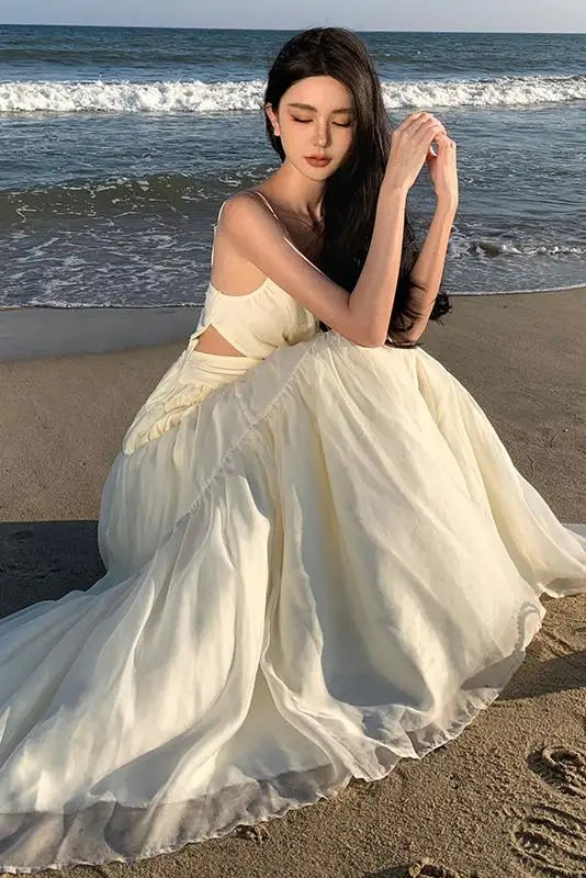 Aiertu Summer Beige Sexy Club Backless Women Elegant Pleated Slip Dress V-neck Slim Lace Up Sleeveless Evening Party Fairy Long Dresses Aiertu