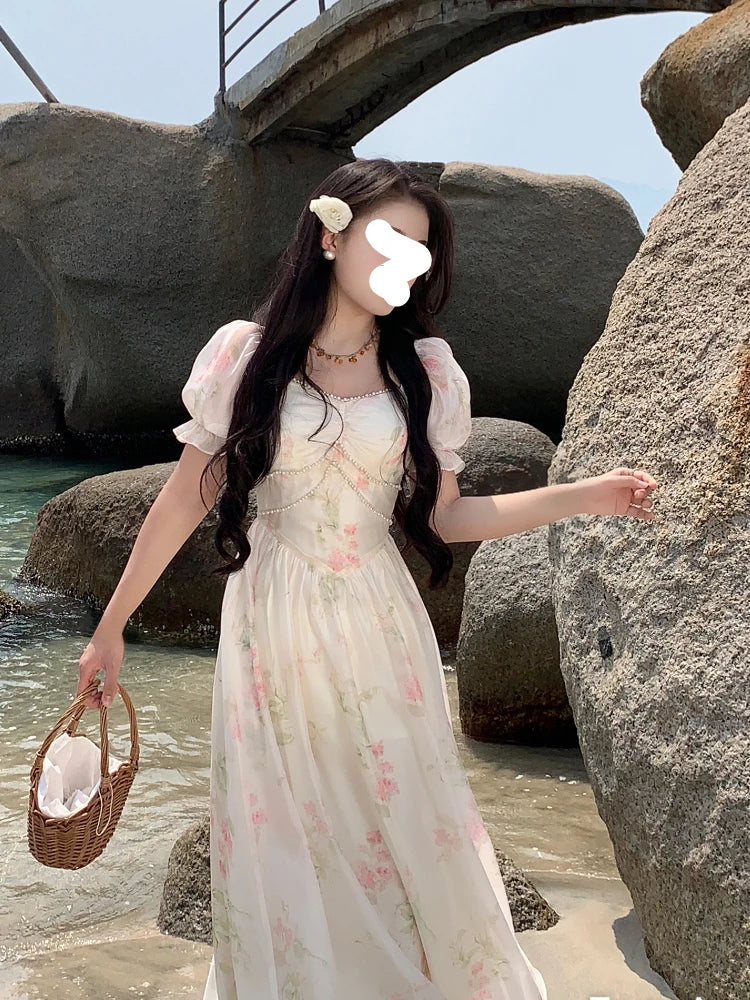 Aiertu Summer French Design Elegant Sundress Women Short Sleeves Floral Midi Dress Beach Style Casual Fashion Party Dress Korean Aiertu