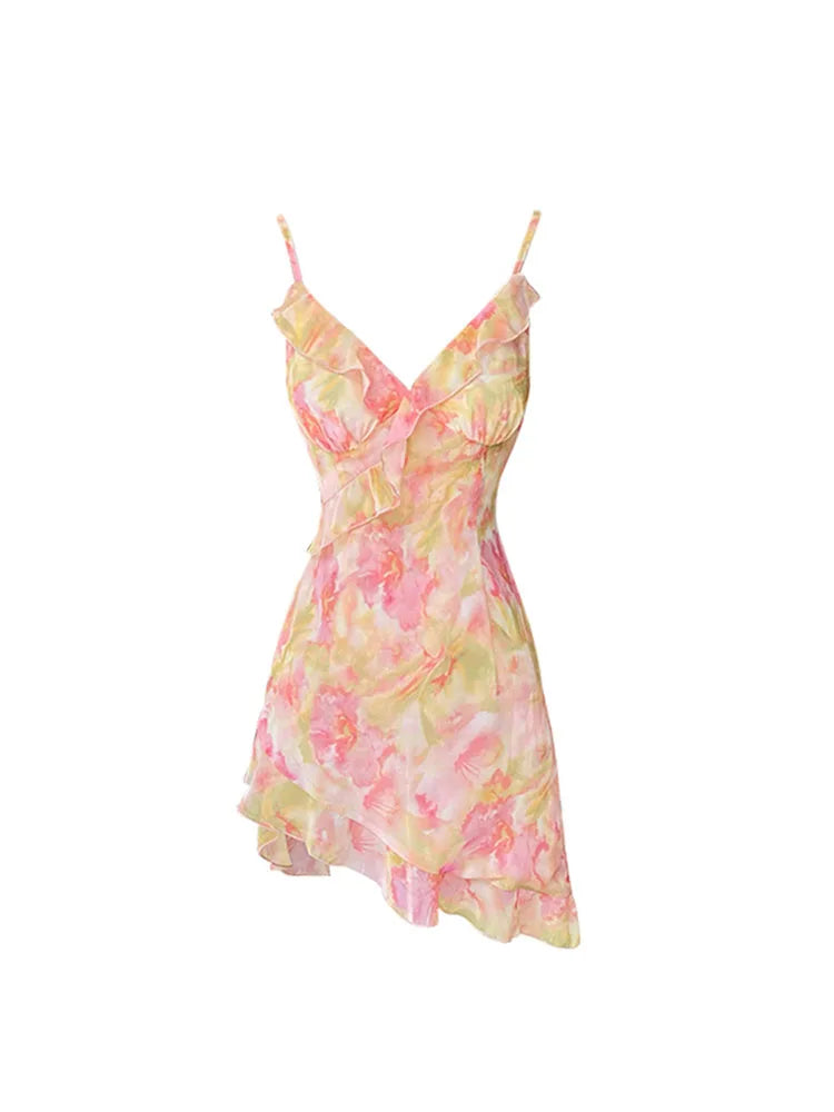 Aiertu Women Sexy Backless V-Neck Floral Print Suspender Dress Fashion French Elegant Holiday Party Club Sweet Mini Dress Summer Aiertu